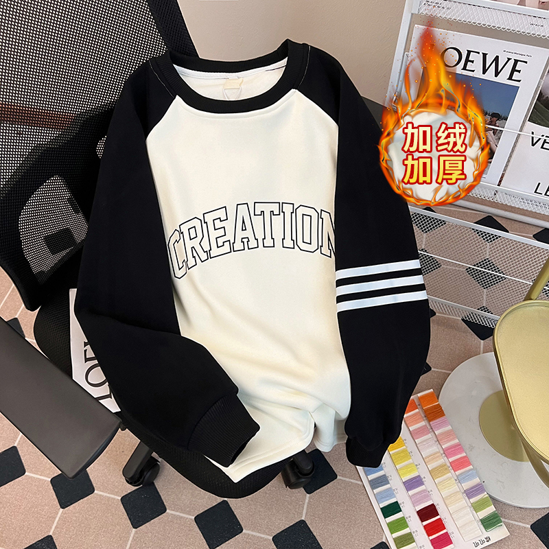 實拍華棉複合真超加絨插肩袖潮衛衣冬2024新款圓領保暖上衣女裝
