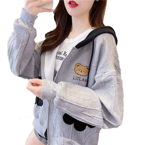 First real shot of 270g imitation cotton jacquard non-snagging Korean style short cardigan zipper hooded sweatshirt jacket for women