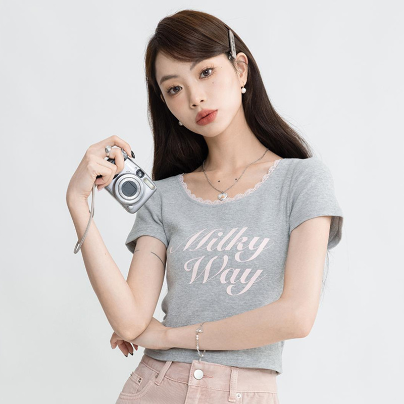 假小個子短款辣妹甜美夏季氣質百搭圓領花邊針織短袖上衣修身顯瘦