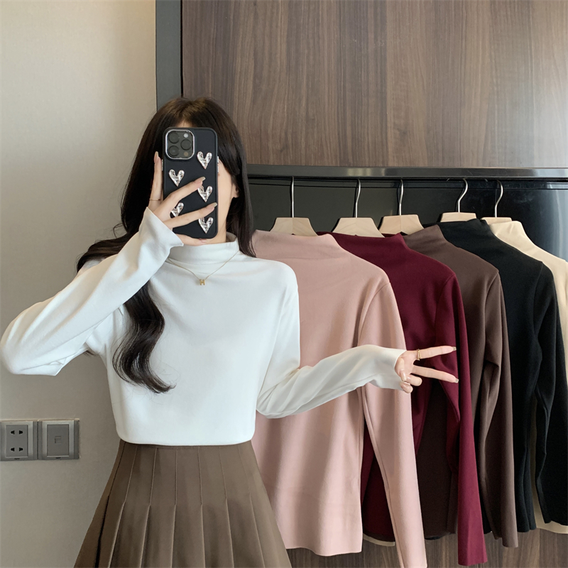 Actual shot~Versatile autumn and winter new style German velvet long-sleeved T-shirt white with small stand-up collar slim fit warm top