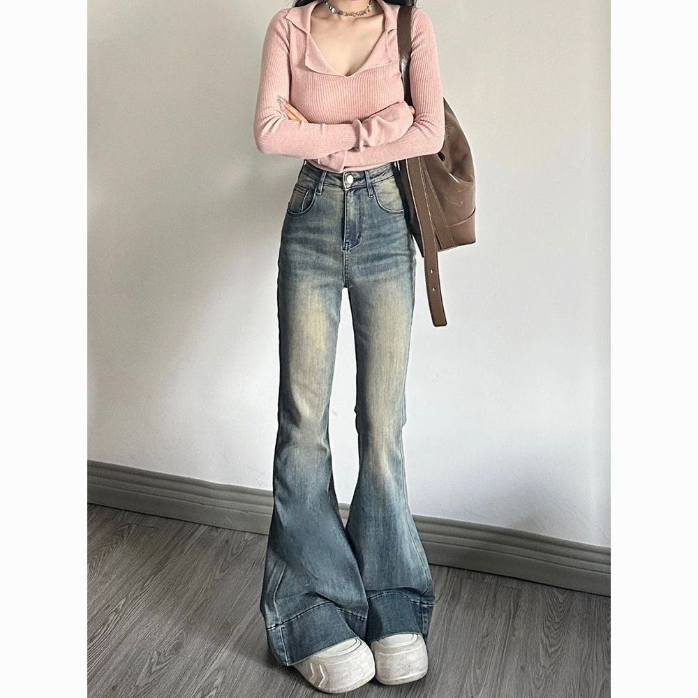 美式辣妹喇叭牛仔褲女冬季新款復古高腰彈力緊身顯瘦微喇直筒褲子