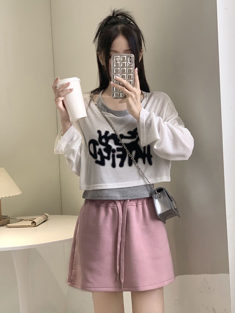 慵懶塗鴉白色長袖T恤女秋季薄款防曬罩衫設計感寬鬆短款上衣外搭