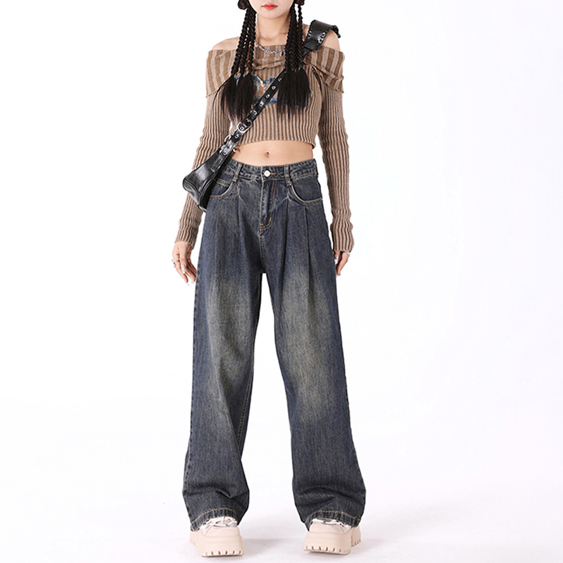實拍2024早春直筒牛仔褲女高腰寬鬆顯瘦小個子垂感闊腿褲子