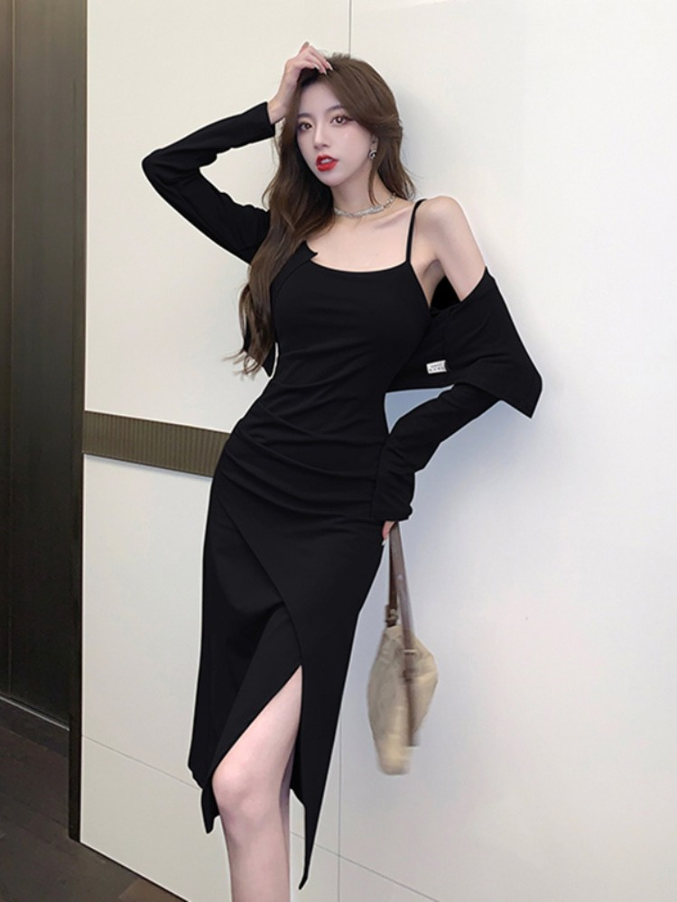Yujie two-piece set autumn and winter new design cardigan top irregular suspender dress fashion suit