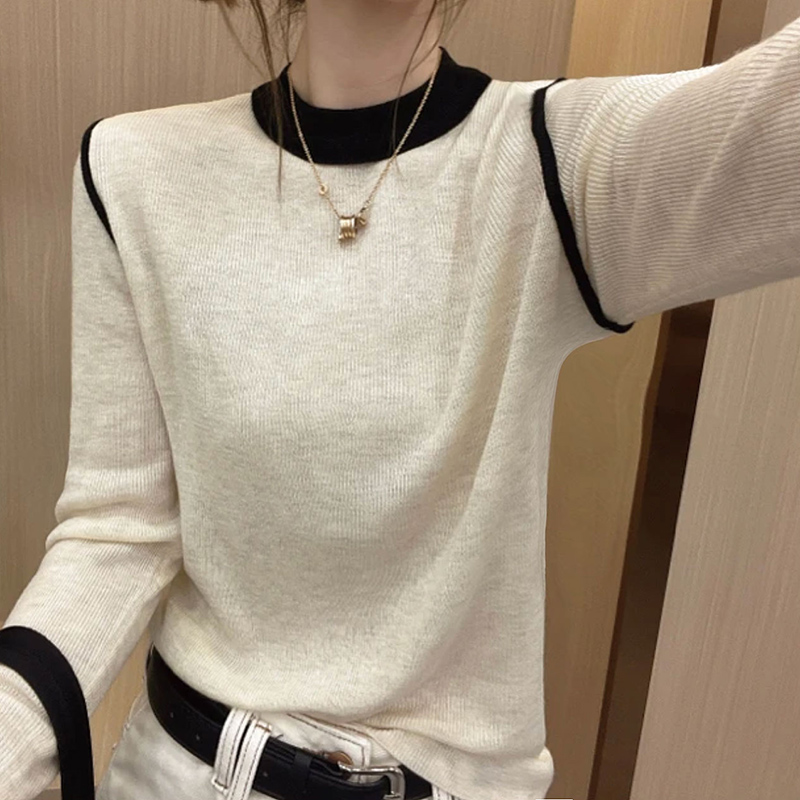 品質 秋冬羊絨打底衫圓領拼色上衣女百搭簡約顯瘦內搭針織衫