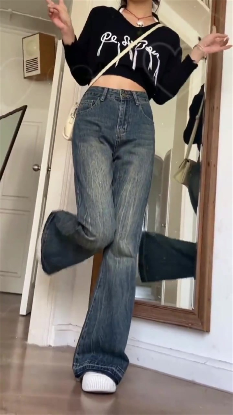 2024 Korean version of all-match denim autumn and winter new high-waisted slimming boot-cut pants that do not stick to the legs and look slimming and loose-flared pants