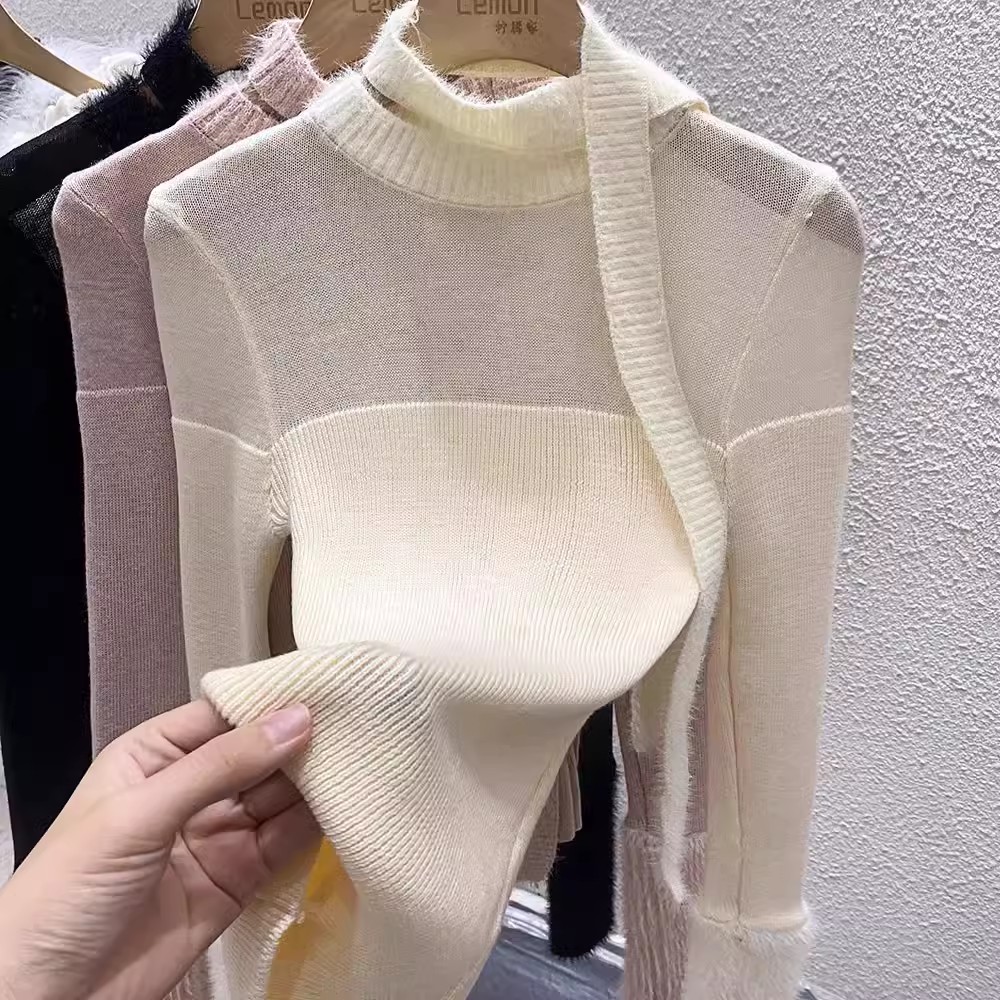 Apricot see-through half-turtle collar long-sleeved sweater top for women winter waisted short elastic inner sweater bottoming shirt