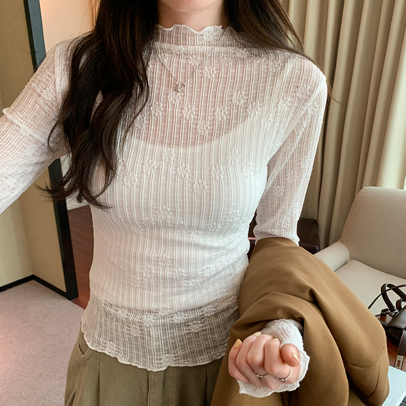 實拍圖法式木耳邊蕾絲微透純色長袖T恤女秋冬2024年新款打底衫