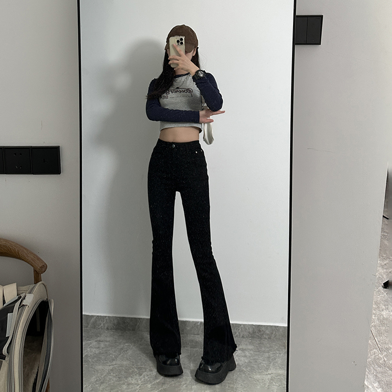 實拍2024早春復古高腰彈力修身顯瘦毛邊拖地喇叭牛仔褲女