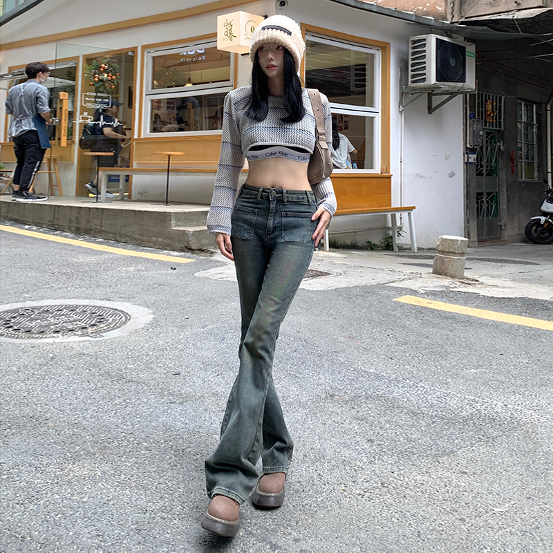 實拍2024早春潮流修身微喇美式復古牛仔褲女