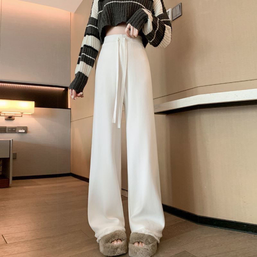 New spring and autumn knitted wide-leg pants for women, high-waisted slimming drape pants, loose straight-leg floor-length pants