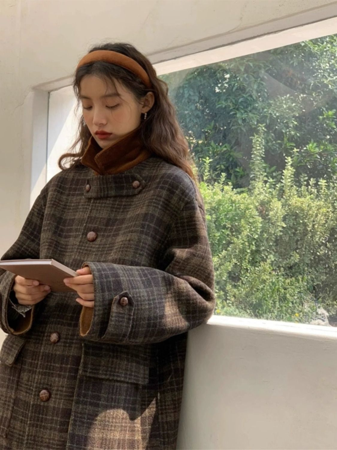 Long tartan coat women's woolen coat autumn and winter Korean style small high-end sense Hepburn style British style