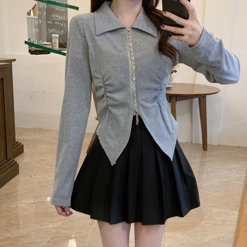 實拍秋冬長袖t恤女修身氣質設計感減齡拉鏈polo領百搭小眾上衣