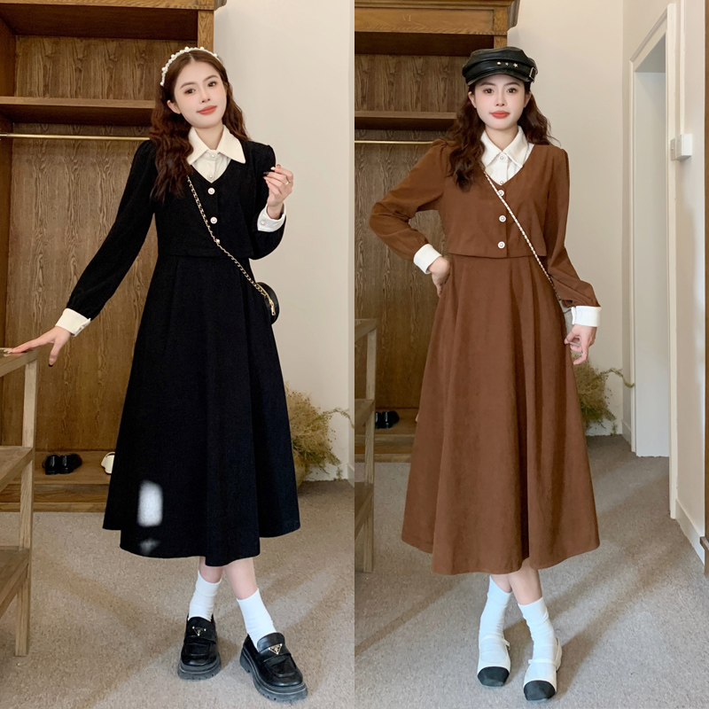 Actual shot - buttons can be opened - autumn and winter long-sleeved small fragrant lapel fashion temperament slimming Hepburn style dress