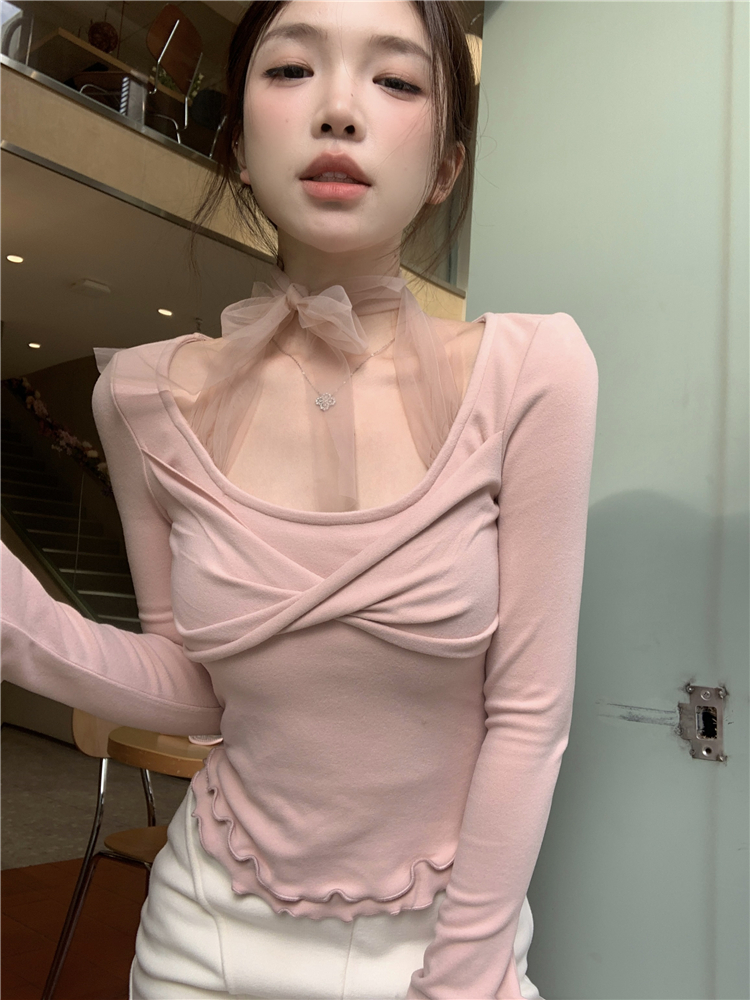 實拍~圓領打底衫女網紗拼接內搭磨毛假兩件上衣