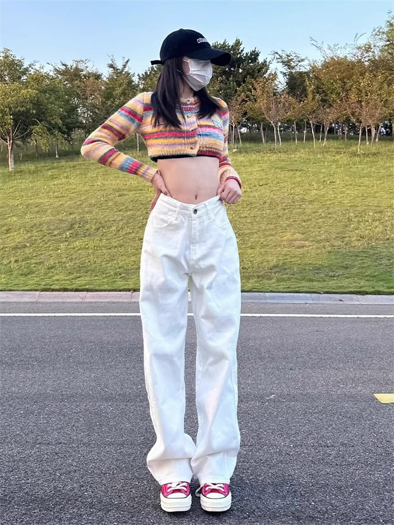 2024 Korean style fashionable white high-waisted wide-leg jeans for autumn and winter small people loose slimming straight-leg floor mopping pants