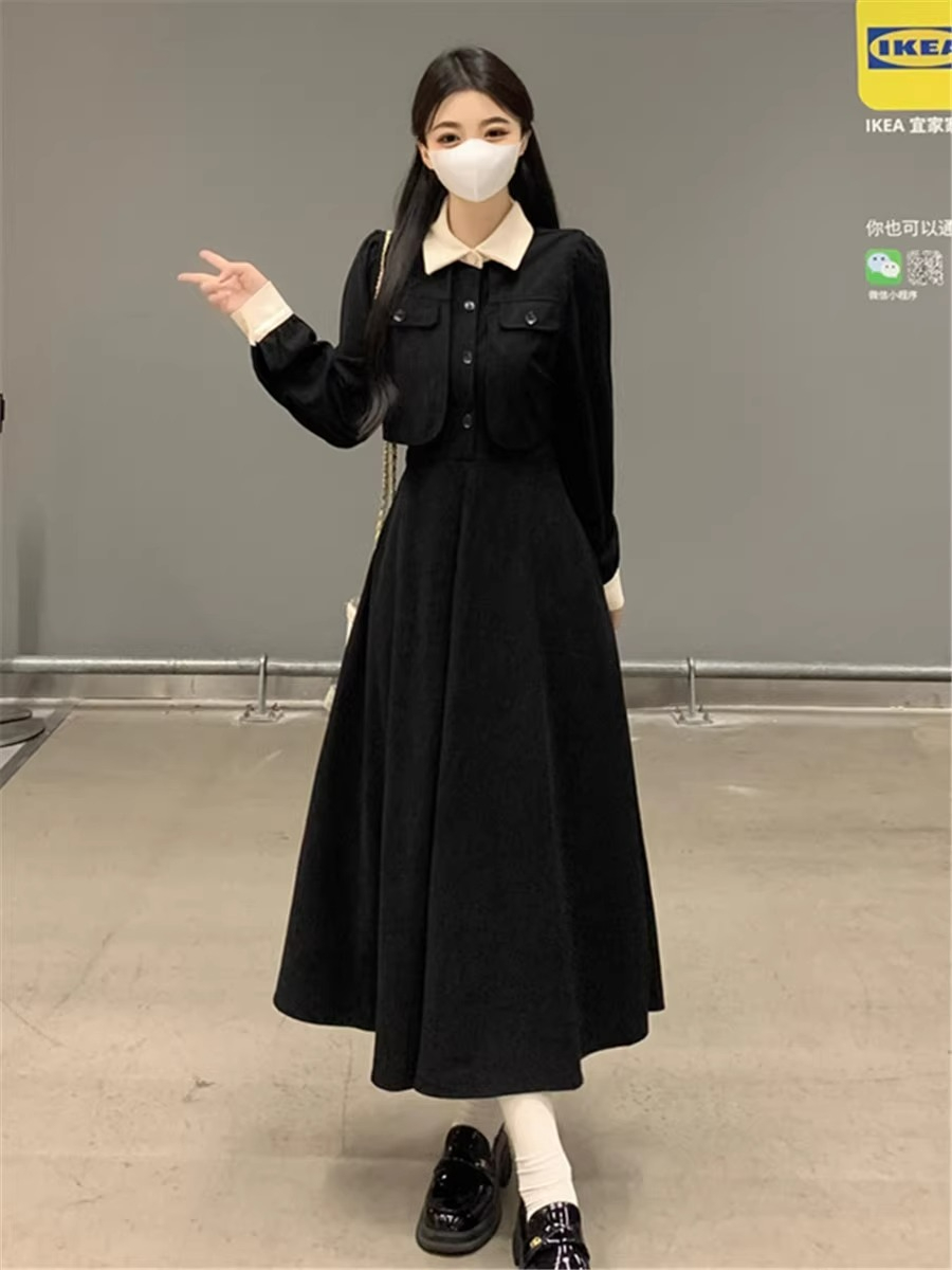 Hepburn black dress spring and autumn 2024 new women's deep winter wear with a complete set of New Year's long skirts