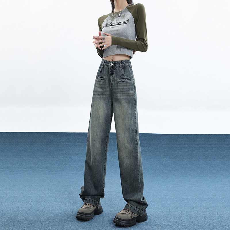 Actual shot of 2024 early spring jeans for women, loose slimming floor-length pants, retro trousers, trousers with extensions