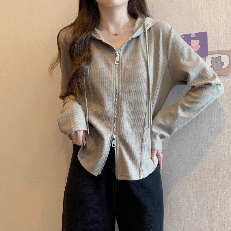Official picture 2*2 Modal 260g short coat women's spring solid color hooded cardigan slim thin zipper long-sleeved top
