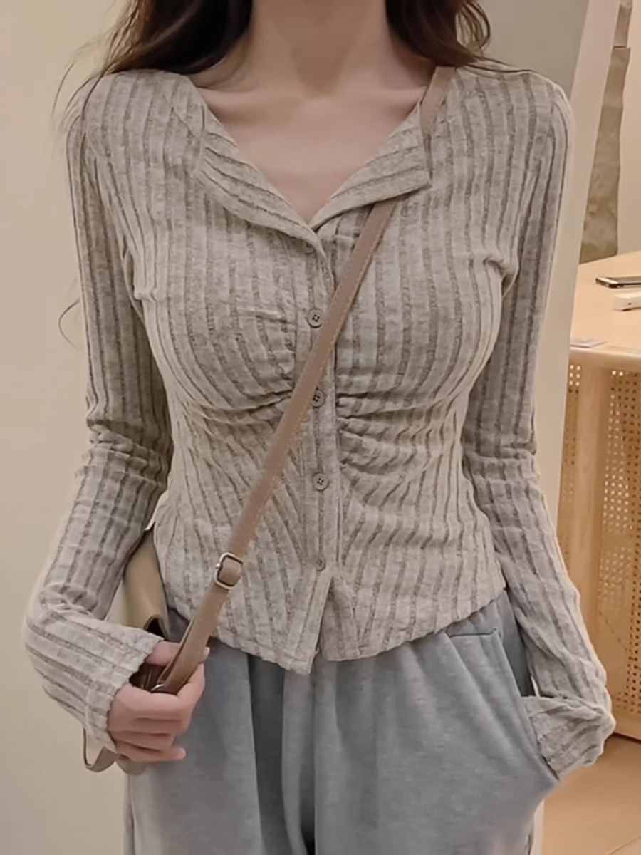 Lapel long sleeve pure desire knitted sweater for women autumn niche design pleated slim short top