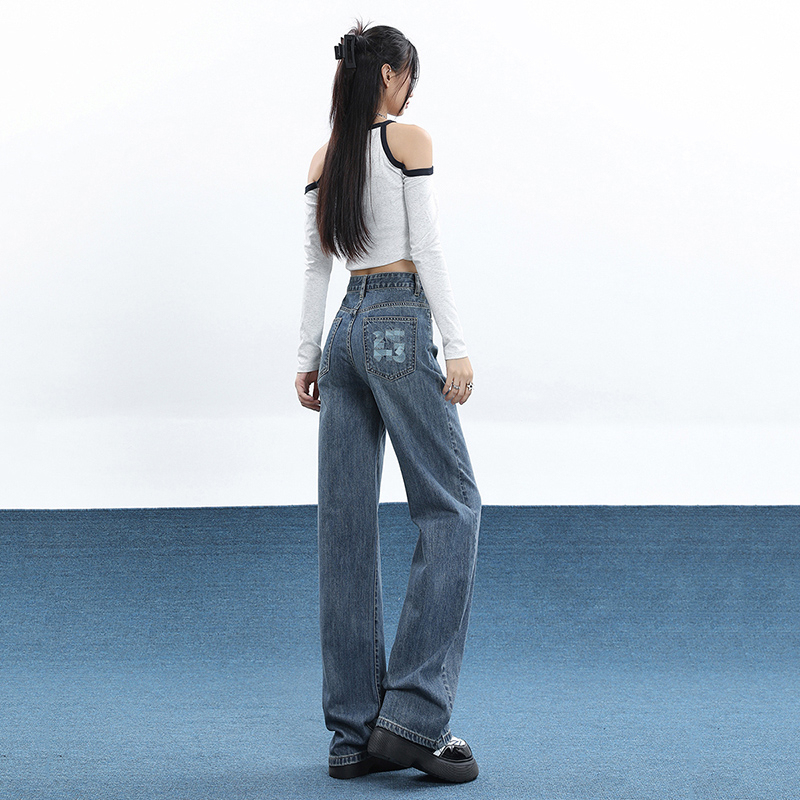 實拍2024早春潮源秋季高腰牛仔褲女直筒寬鬆拖地闊腿褲子女