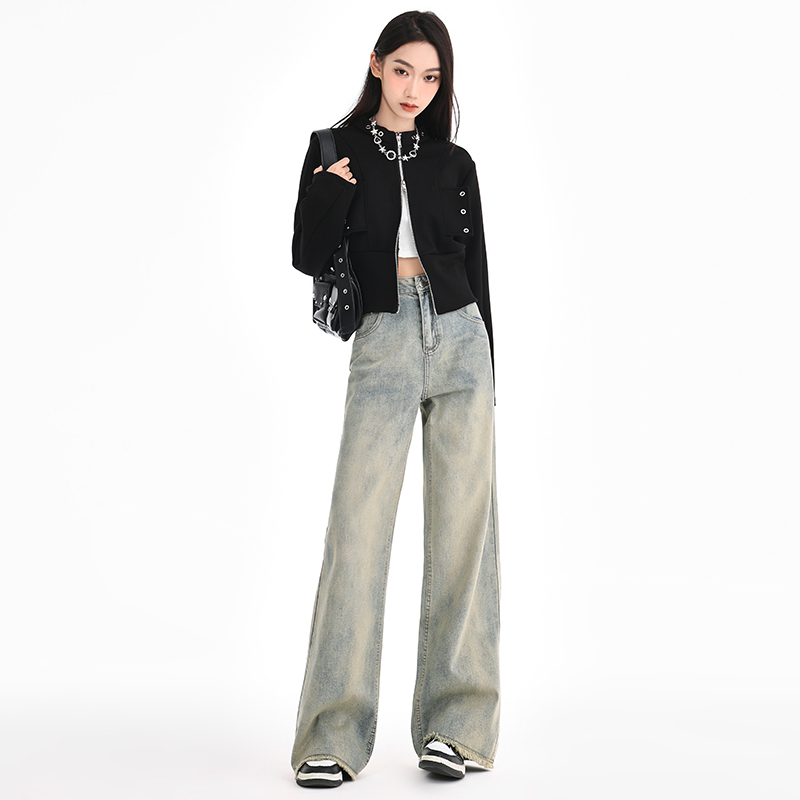 實拍2024早春美式復古辣妹女高腰寬鬆百搭闊腿拖地褲