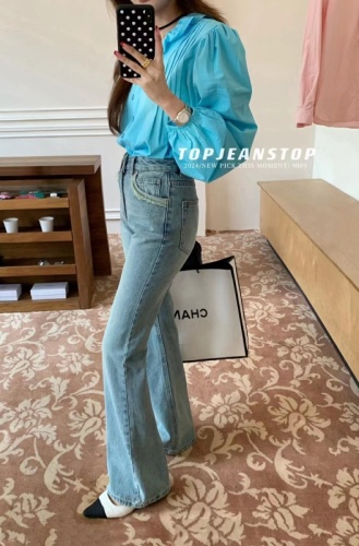 Early spring haute couture series TOP European-made pocket raw edge design straight-leg flared jeans