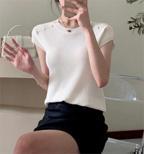 Short-sleeved t-shirt for women 2024 new spring and summer round neck solid color versatile sleeves ice silk sweater top thin