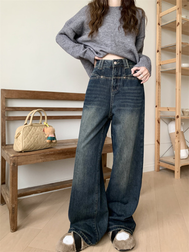 Actual shot of early spring new Korean style high-waisted loose slimming straight long jeans for women