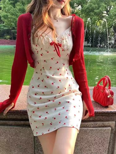 Chumeng POKEMENG cherry little cherry bright and beautiful women's floral suspender dress
