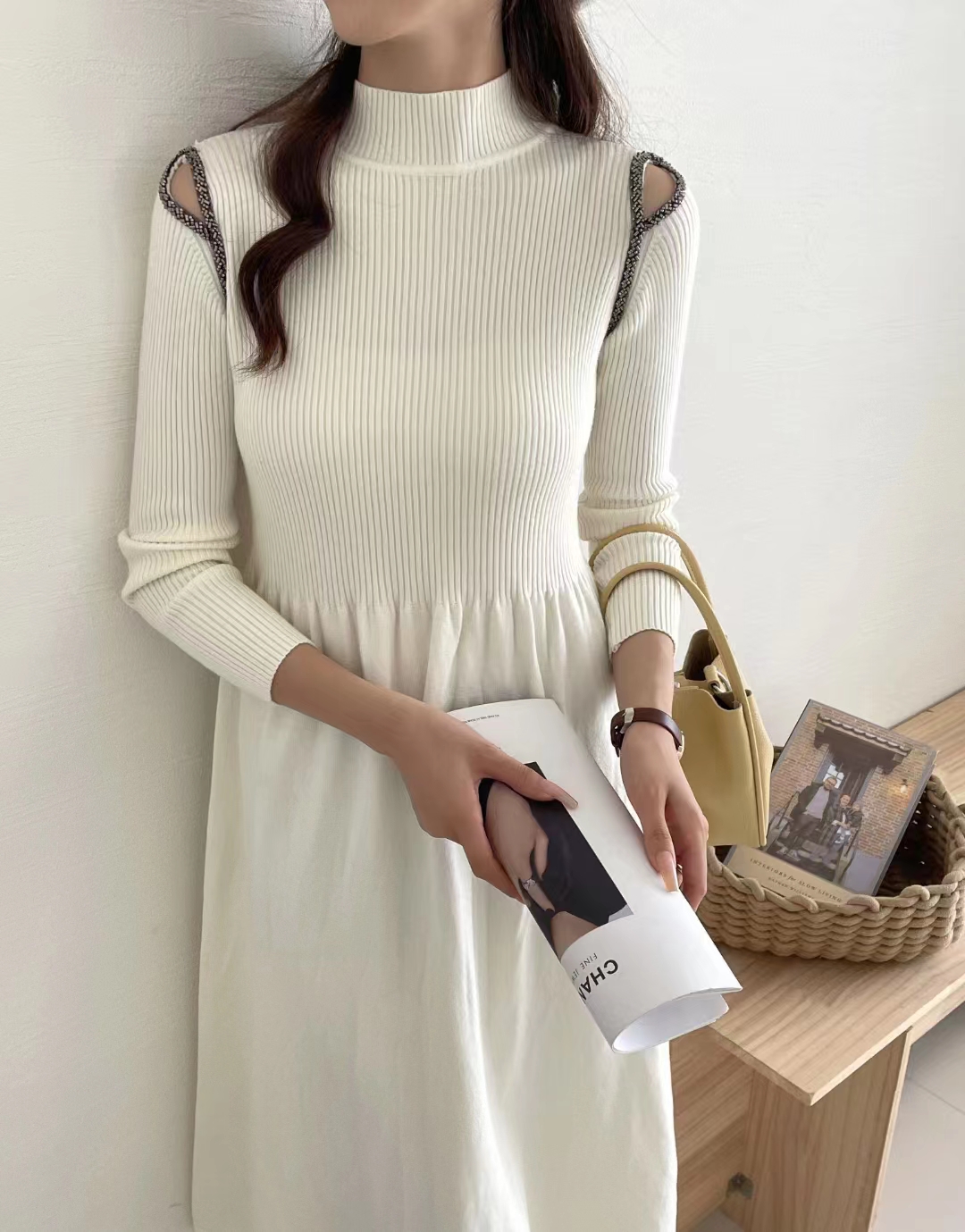 Large size knitted bottoming dress for women with autumn and winter fat mm half turtleneck design hollow air quality sweater long skirt