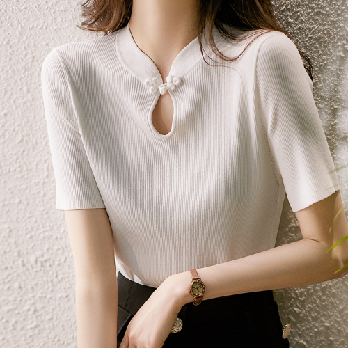2024 Spring and Summer New Ice Silk Sweater Women's Improved Cheongsam Button Chinese Style Retro Short-Sleeved T-Shirt Tops Women
