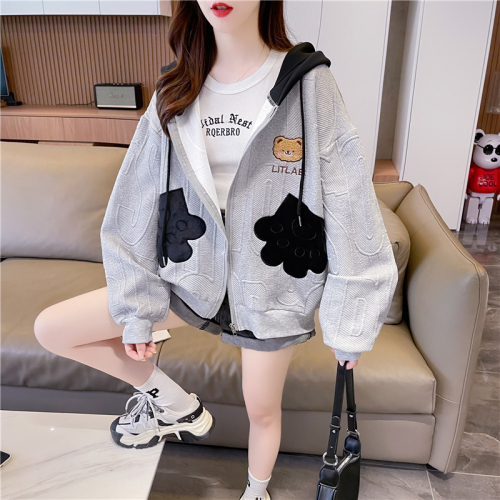 First real shot of 270g imitation cotton jacquard non-snagging Korean style short cardigan zipper hooded sweatshirt jacket for women