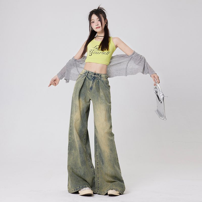 實拍2024早春拖地復古水洗牛仔褲子女