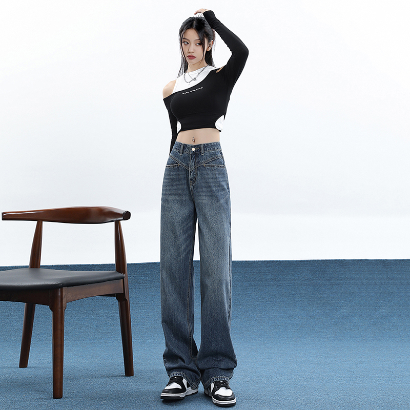 實拍2024早春潮源復古牛仔褲女寬鬆顯瘦闊腿褲百搭直筒褲