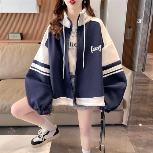 Actual shot of beaded ground floor 250g sweatshirt 25 cotton 75 polyester large size women's mid-length loose jacket