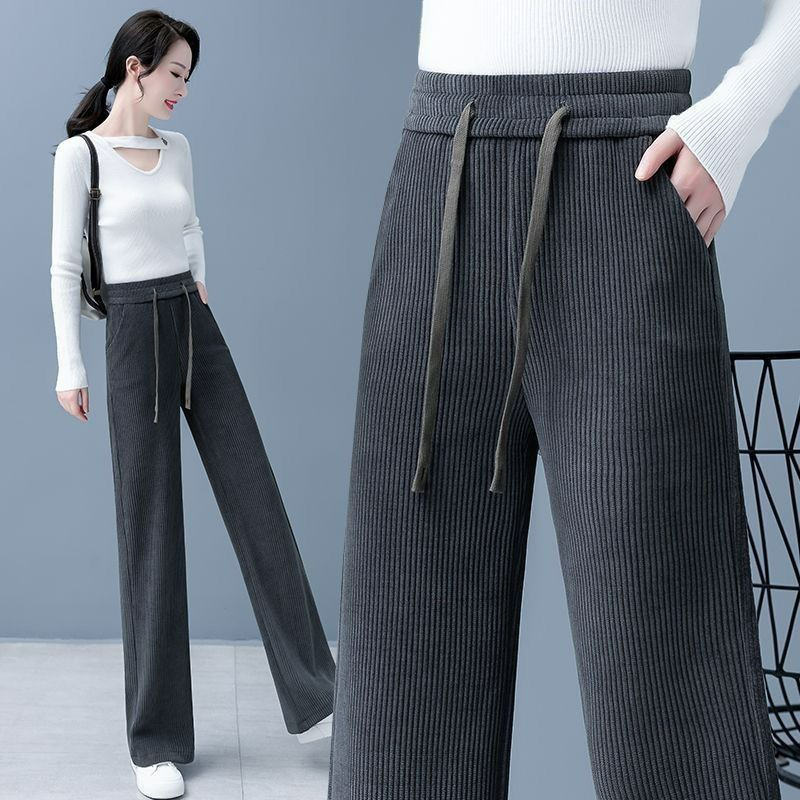 Spring and autumn European cotton velvet straight-leg trousers corduroy women's high-waisted loose slimming wide-leg trousers