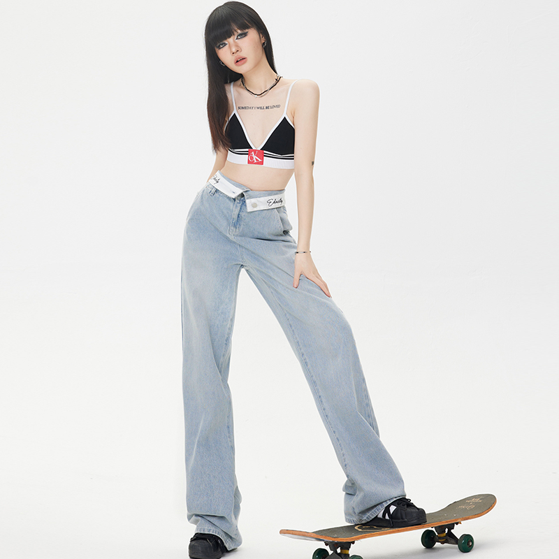實拍2024早春裝新款闊腿褲拖地褲寬鬆女裝牛仔褲