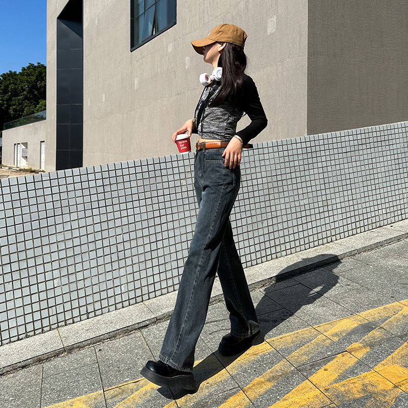 實拍2024早春時尚闊腿褲寬鬆垂感拖地直筒牛仔褲女