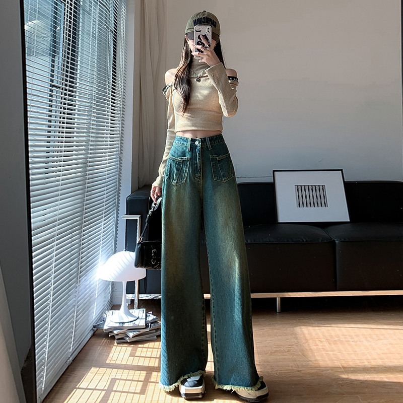 實拍2024早春牛仔褲女高腰寬鬆顯瘦設計感毛邊闊腿褲子