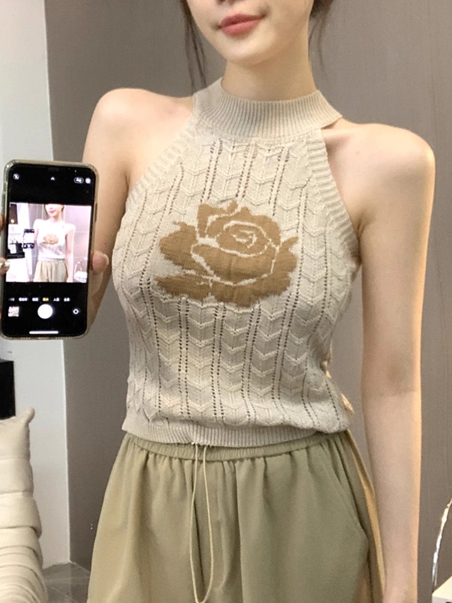 純欲辣妹性感提花掛脖吊帶背心女內搭打底無袖針織衫女夏短款上衣