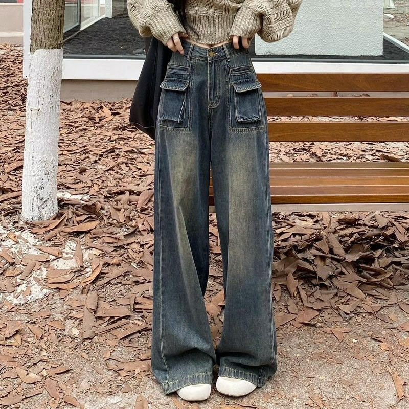 High-waisted workwear jeans for women, new autumn and winter high street design, loose, straight and drapey floor-length pants
