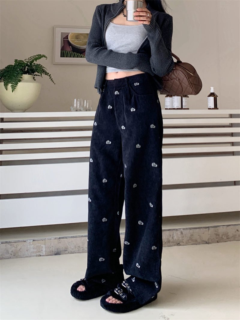 實拍   早春新款兔子刺繡顯瘦休閒長褲黑色直筒褲