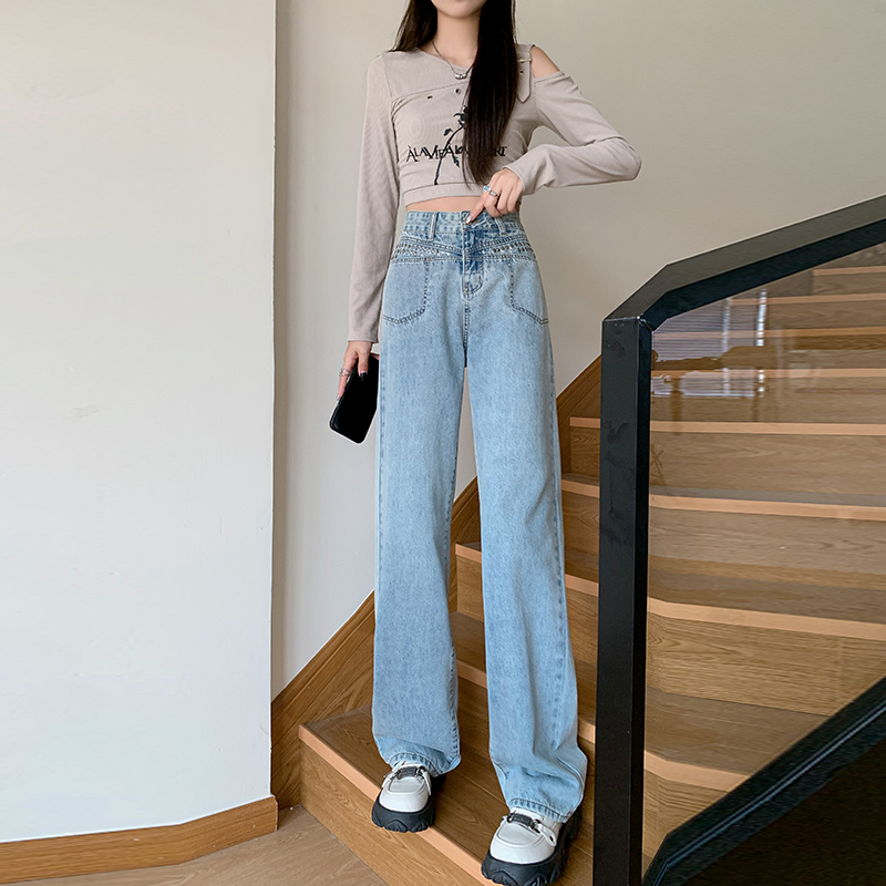實拍2024早春闊腿褲燙鑽百搭顯瘦垂感直筒高腰牛仔褲女