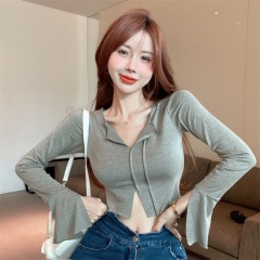 Actual shot hot girl irregular 2024 V-neck long-sleeve sun protective T-shirt style slimming versatile top