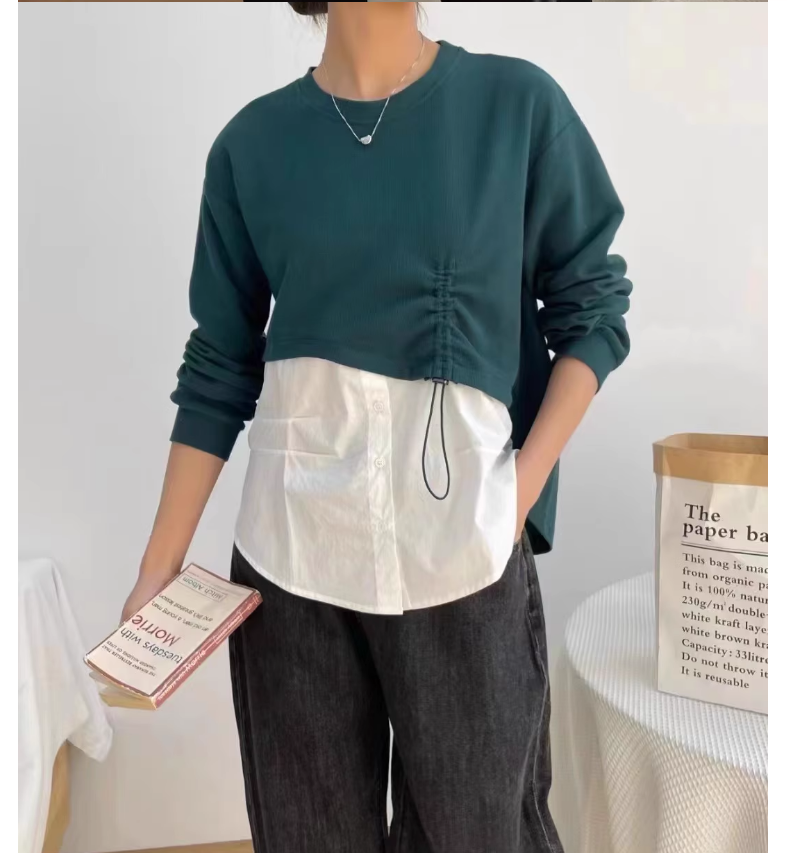 日韓系新款春季小個子拼接襯衫女寬鬆休閒套頭時尚圓領假兩件襯衣