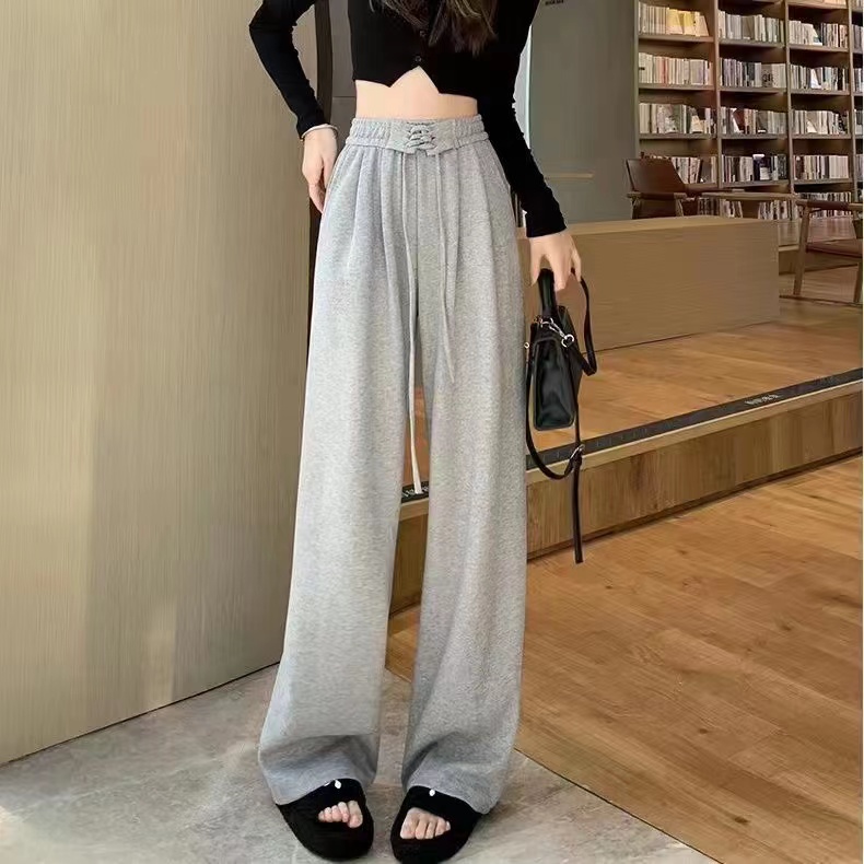 2024 Spring and Summer Mini Gray Sports Pants Women's Lazy Straight Drape Wide Leg Pants Casual American Pants