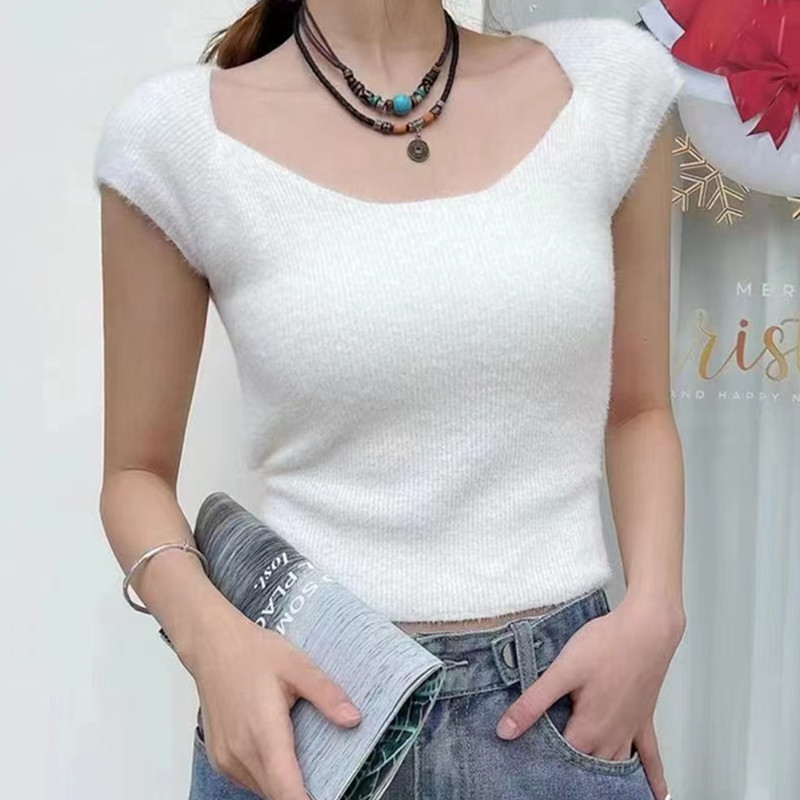 2024新款韓版氣質簡約U領毛絨後背系帶高腰短袖上衣女