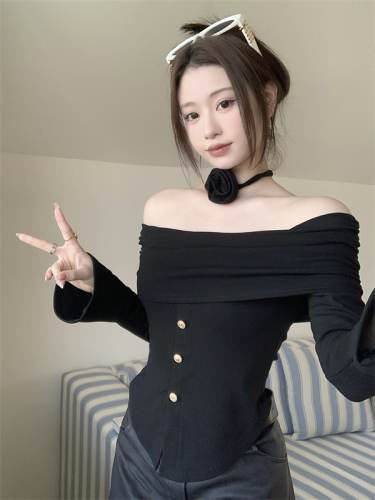 Actual shot of design one-shoulder lace-up floral slim-fit bottoming shirt spring and summer new slimming slit knitted t-shirt