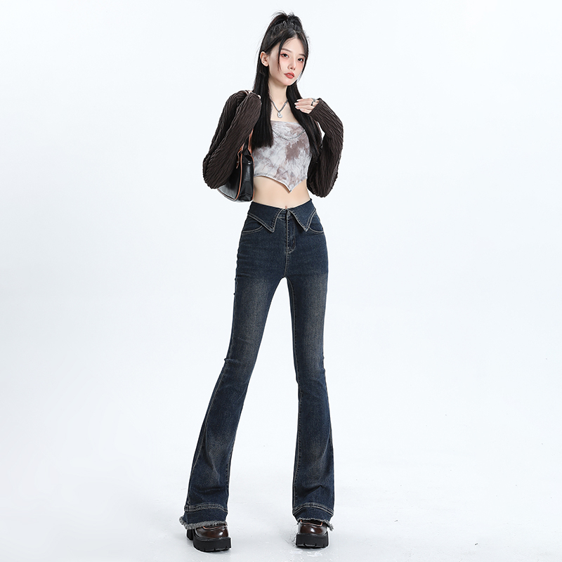 實拍2024早春時尚潮流修身微喇美式復古牛仔褲女